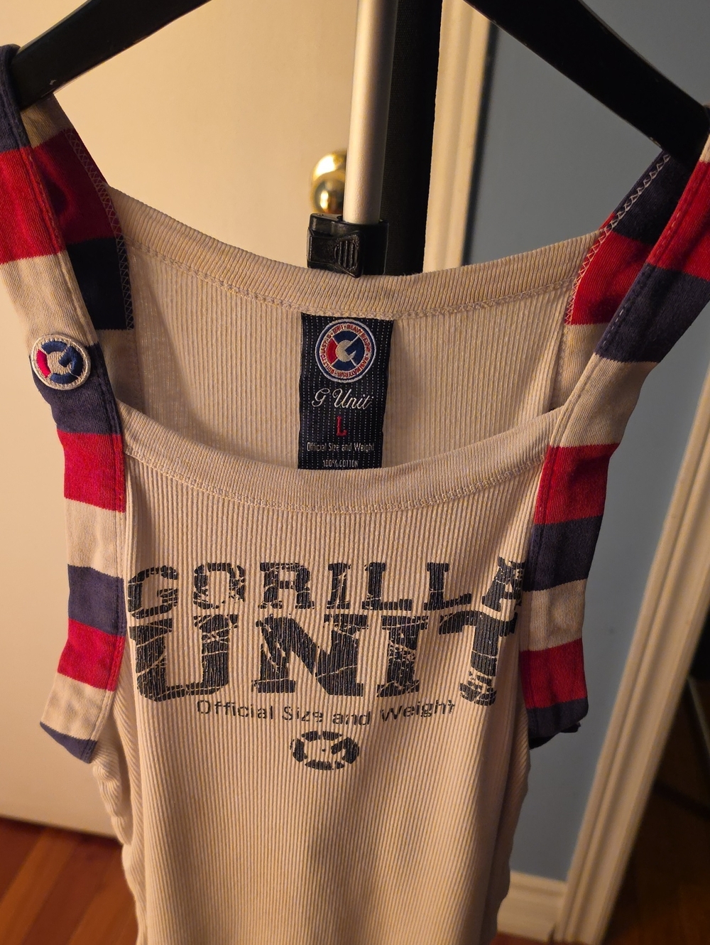 G-Unit Striped Ribbed Tank — White with Red & Navy Accents